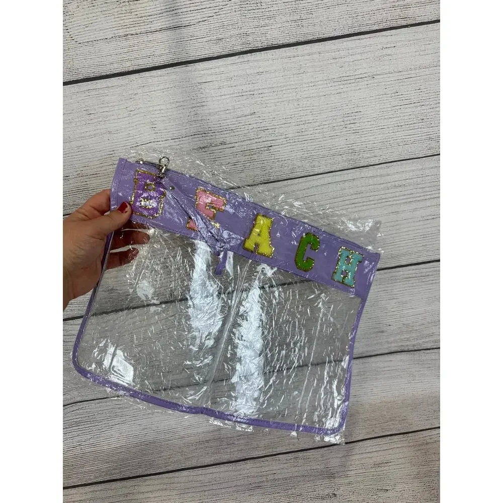 2 Brand New Purple Beach Colorful Clear Zip Travel Bags